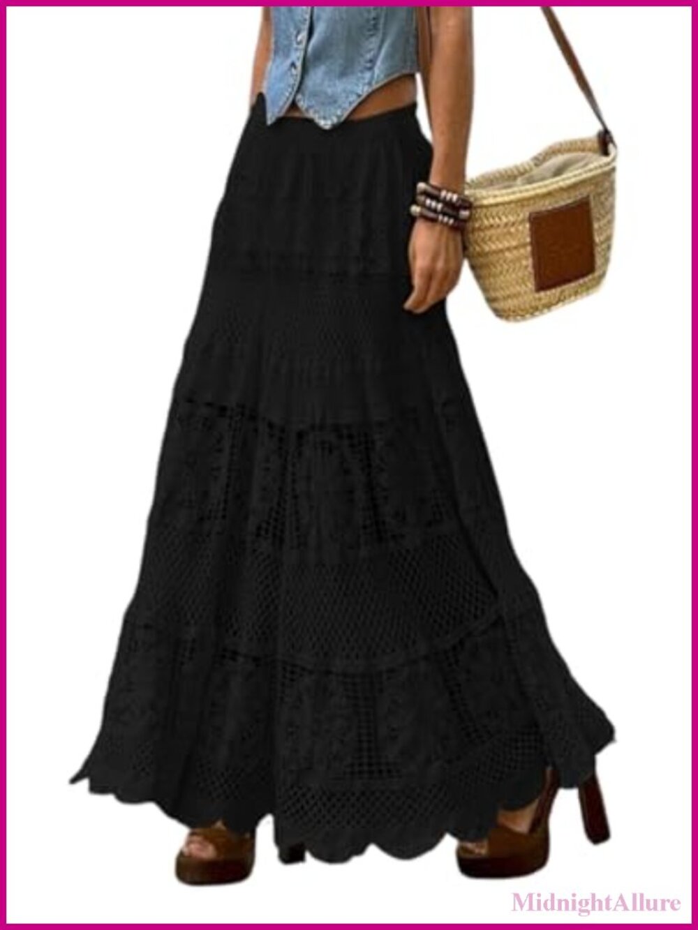 Women's Boho Lace Crochet Knit Maxi Skirt Floral Ruffle A-Line Flowy Western